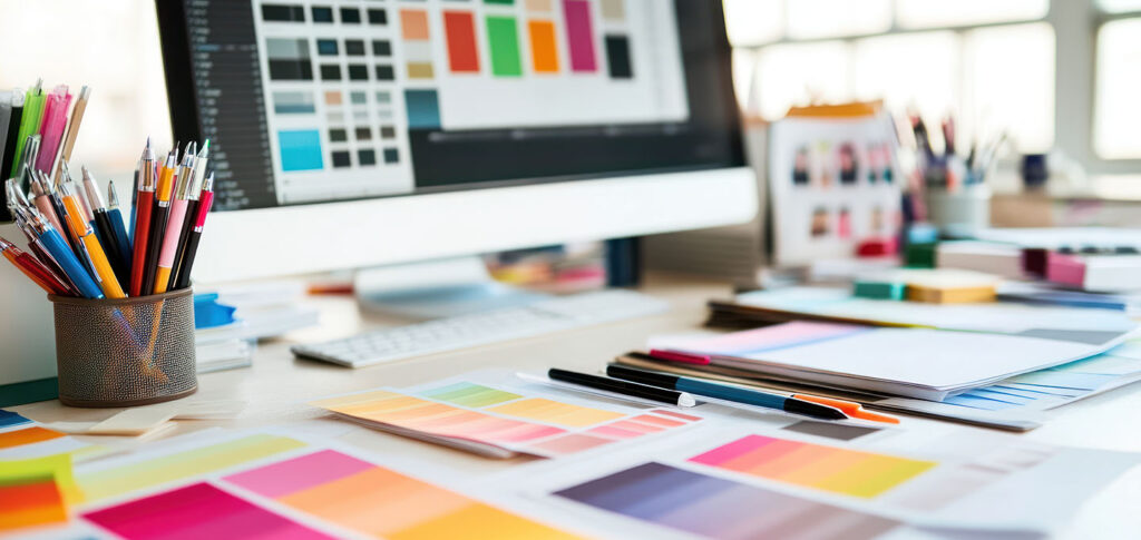 A creative workspace with color swatches, stationery, and a computer displaying design options.