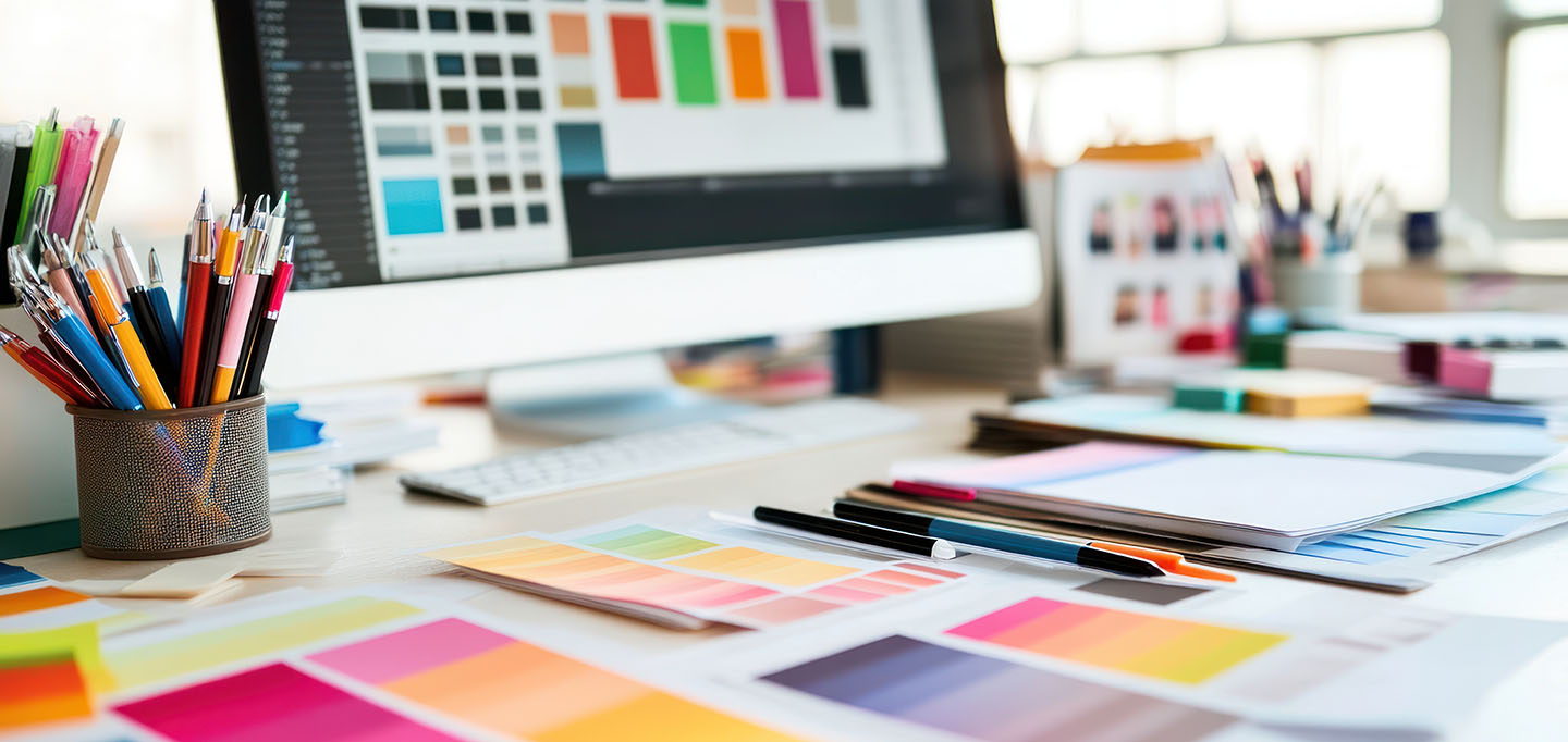 A creative workspace with color swatches, stationery, and a computer displaying design options.